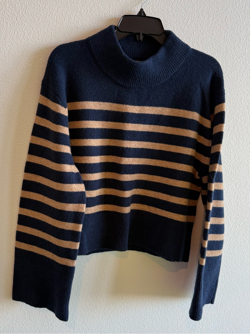 J. Crew Navy and Tan Striped Turtleneck Sweater